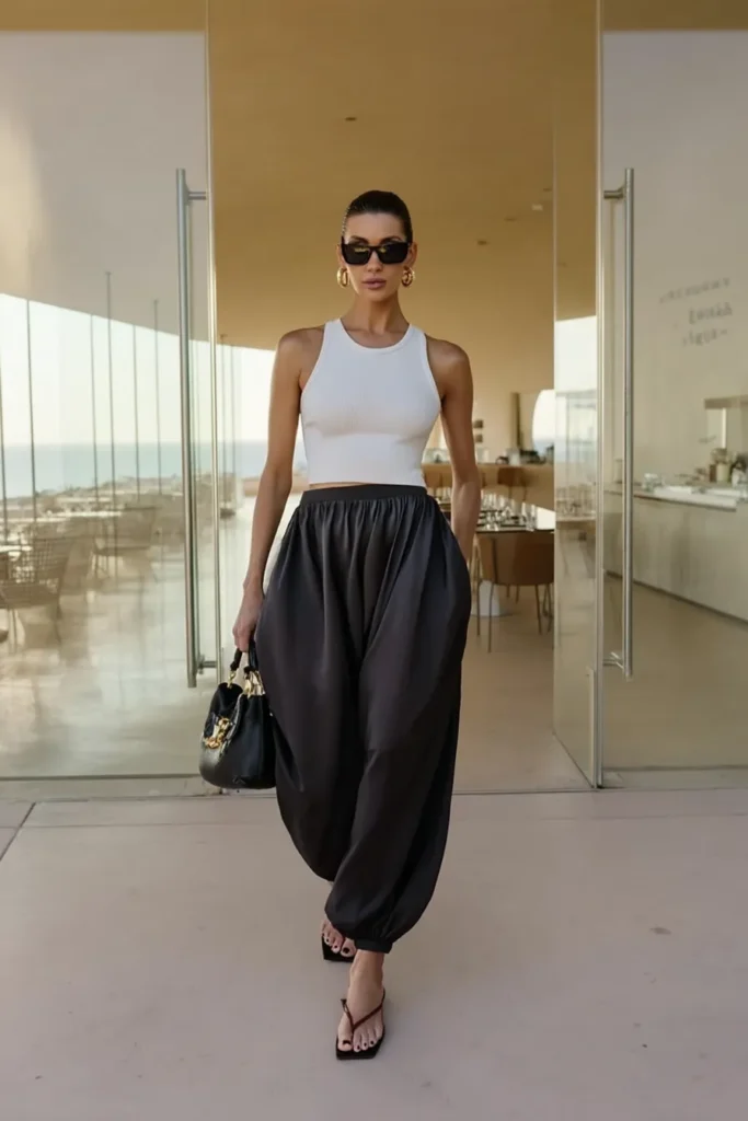 Elegant fall inspo outfits, with white ribbed tank crop top styled with high-waisted black satin pants, black sunglasses, and black structured bag, and chic heels for upscale autumn fashion