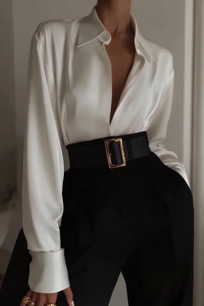 Elegant fall outfits, minimalist styling with white satin shirt styled with tailored black trousers, black belt and gold hardware, styled with gold ring for effortless elegance