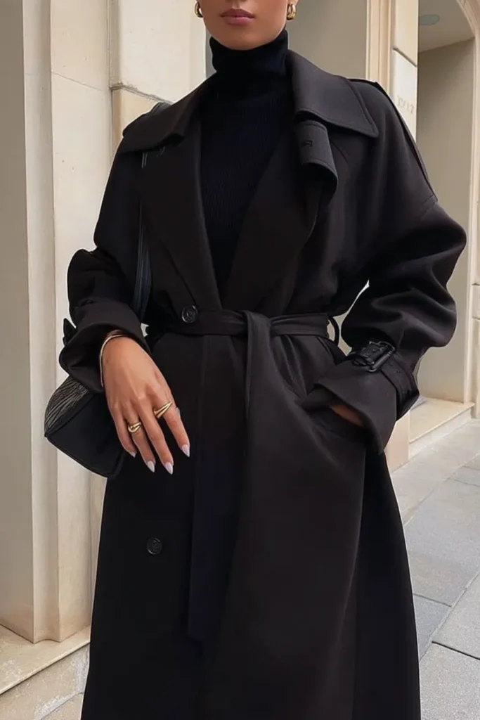 Elegant fall winter outfits, all-black classic belted trench coat, wide lapels over cozy knit turtleneck, statement gold rings and neutral manicure for effortless cold weather elegance