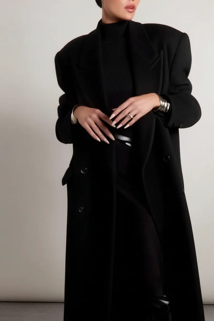 Elegant fall winter outfits, with oversized black wool overcoat styled with black turtleneck and tailored trousers, and black patent leather boots and gold accessories for seasonal style