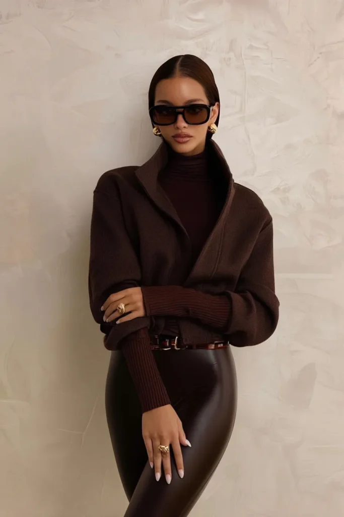 Elegant stylish winter outfits, brown coat with ribbed turtleneck and sleek faux leather pants. Black square sunglasses and gold statement rings sophisticated cold weather look.
