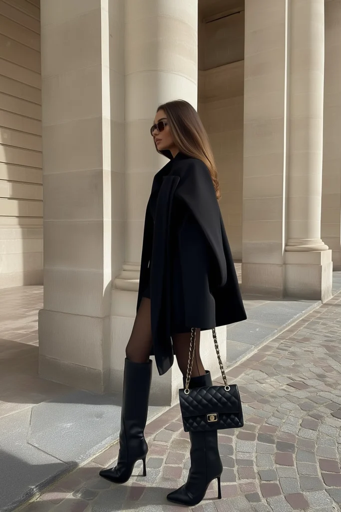 Elegant trendy fall outfits, with black coat styled with black dress and black tights, high-heeled black leather boots and quilted chain bag for effortless autumn elegance