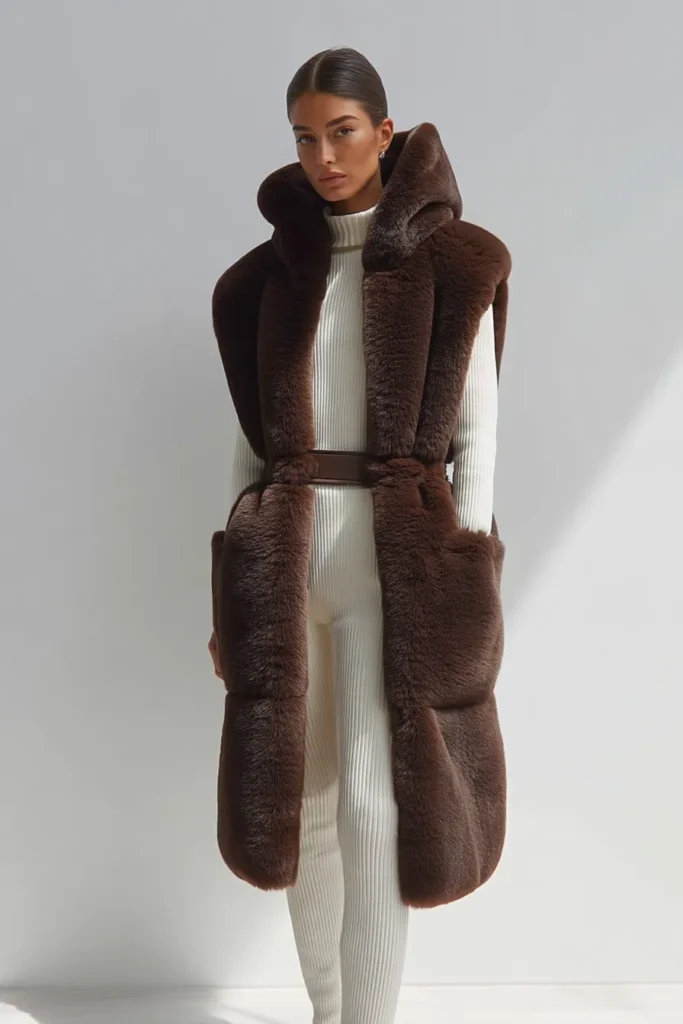 Elegant winter casual outfits, brown fur waistcoat and beige ribbed turtleneck, fitted leggings, and belt. This luxurious textured outfit is cozy comfort with effortless everyday sophistication.
