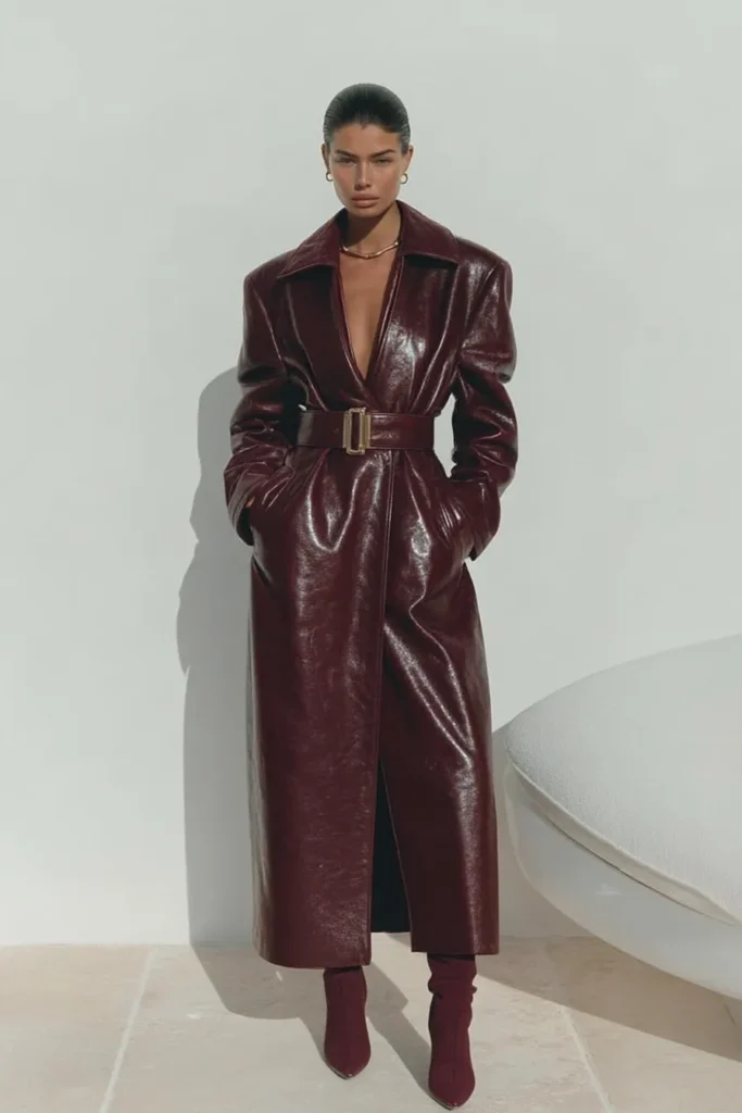 Elegant winter coat outfits, burgundy glossy trench with self-tie belt paired with coordinating burgundy pointed-toe boots. Layered chain necklace adds refined finishing touch to this luxe outfit.