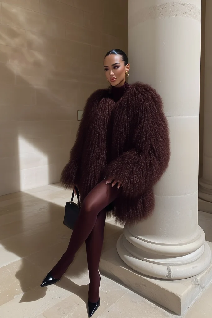 Elegant winter fashion outfits, brown textured faux fur coat, styled over black turtleneck dress with tights and pointed boots, monochromatic looks perfect for upscale winter occasions