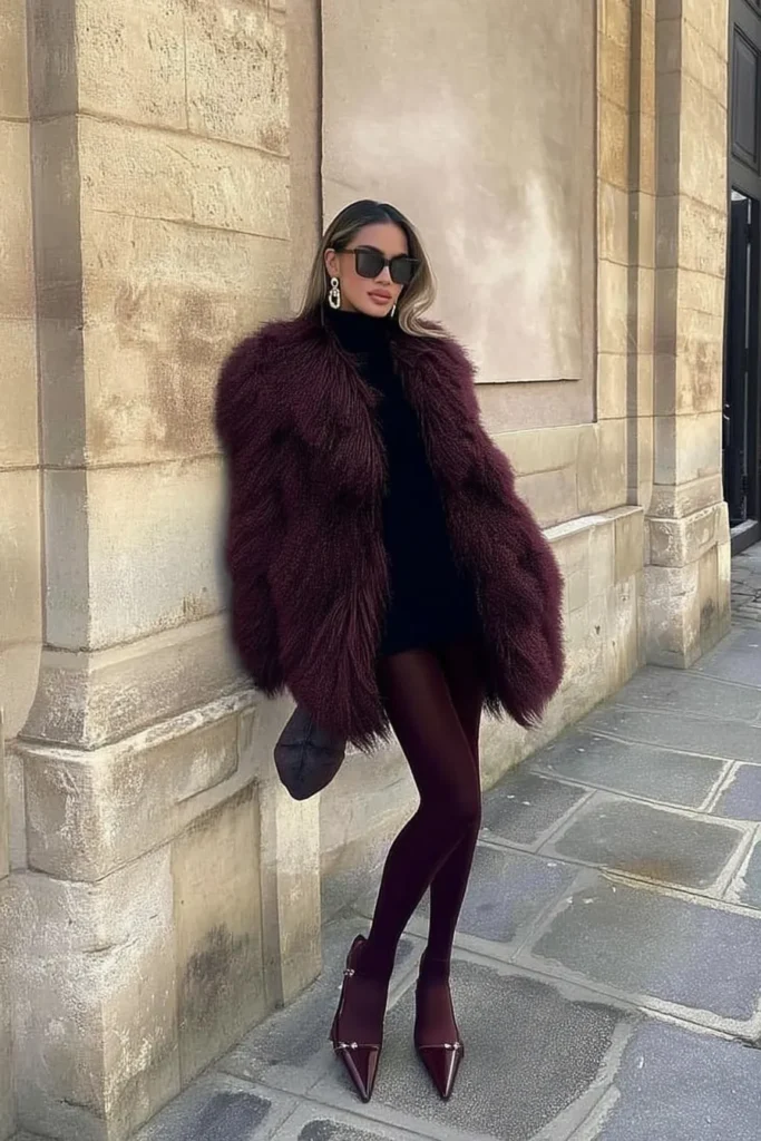 Elegant winter fashion outfits, burgundy fur coat layered over black turtleneck dress with burgundy tights, black sunglasses, black clutch purse, and patent stilettos for seasonal style
