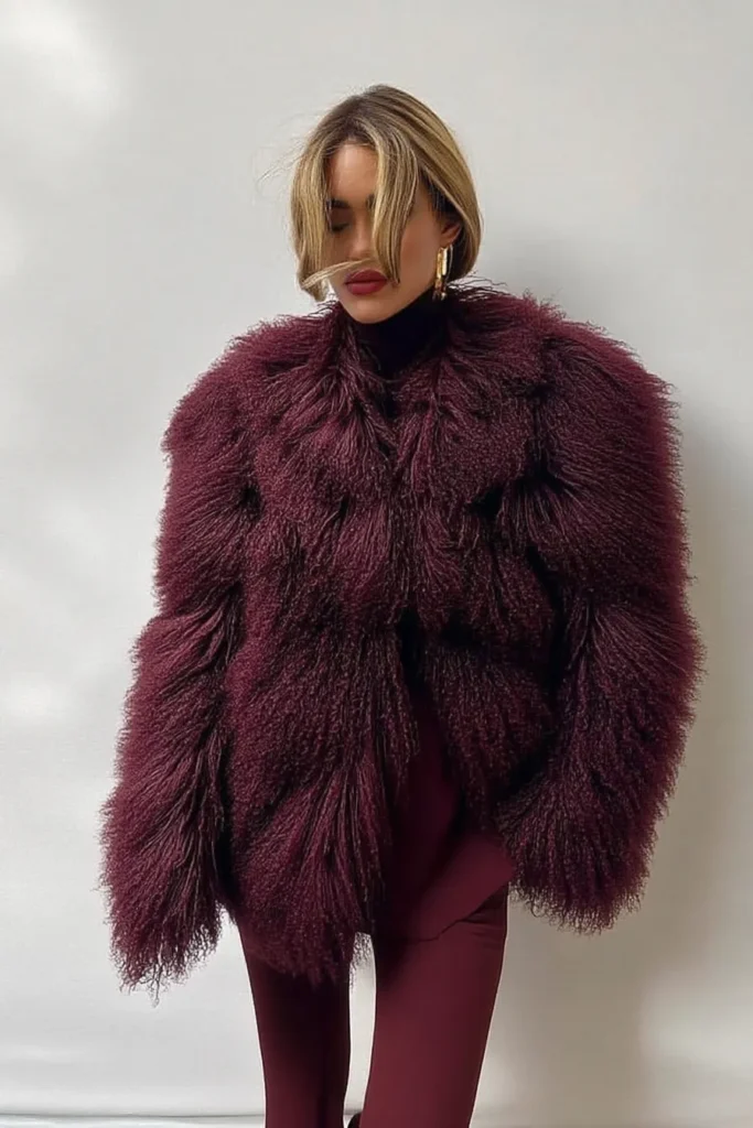Elegant winter outfits cold, textured burgundy fur coat layered with black turtleneck and matching plum trousers, styled gold earrings for chic seasonal style