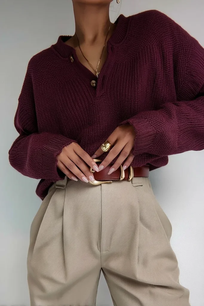 Elegant winter outfits women, burgundy textured knit jumper, styled with beige wide-leg trousers and layered gold necklaces, timeless inspiration for comfortable cold weather fashion