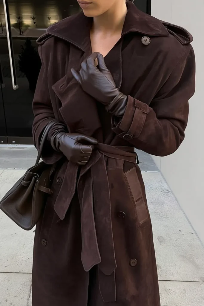 Elegant winter outfits women espresso brown trench with cinched waist styled with gloves and handbag. This monochromatic brown outfit is sophistication perfect for cold weather.