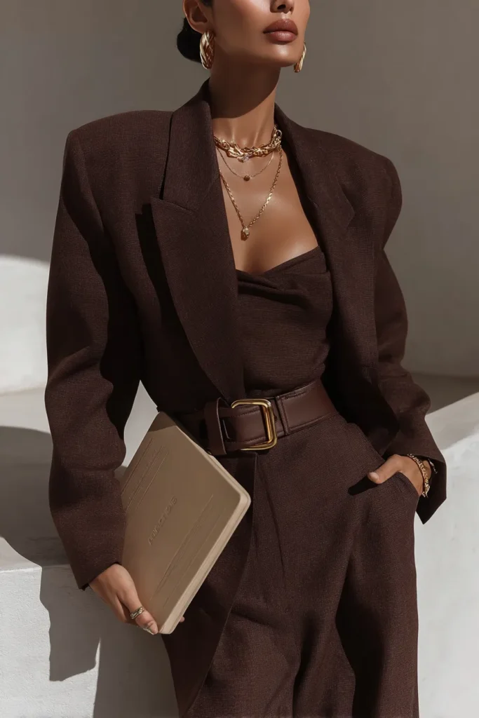 Elegant winter work outfits for women, brown tailored blazer with top and chunky gold chain necklace. This sophisticated ensemble balances warmth with workplace professionalism.