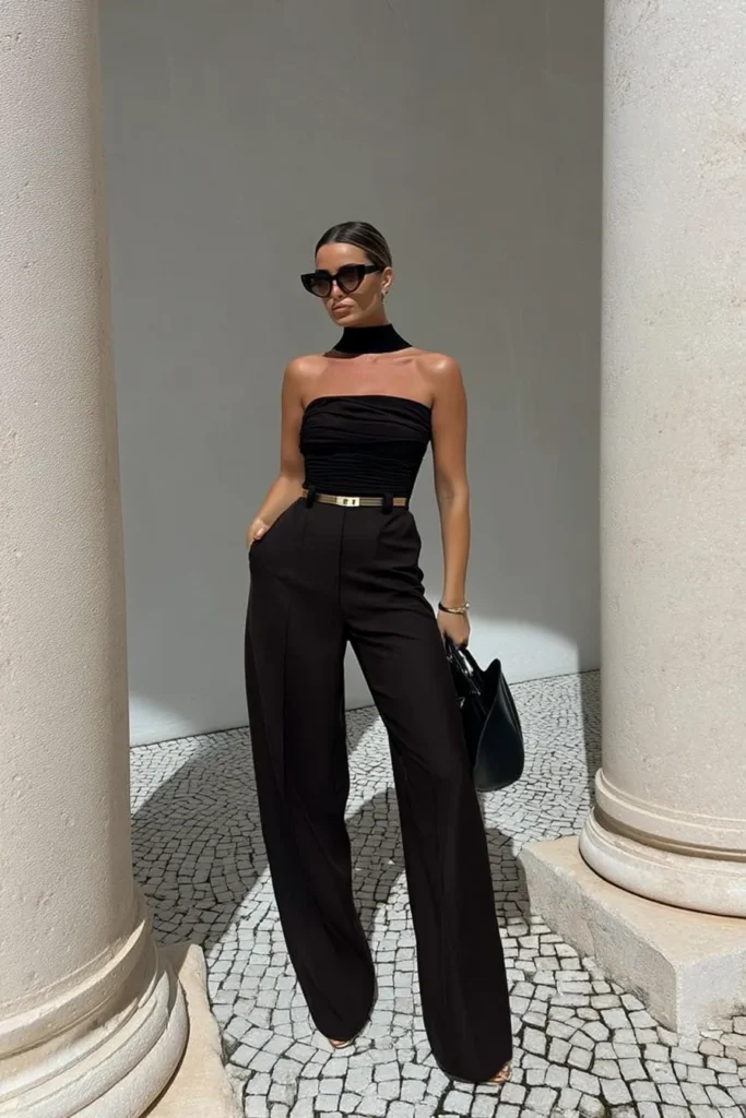 Fall fashion outfits, sophisticated all-black outfit with strapless bandeau top and high-waisted wide-leg trousers with gold metallic belt, with black sunglasses, and black leather shoulder bag
