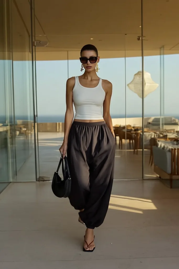 Fall inspo outfits, chic outfit with white ribbed tank top styled with black satin jogger pants, accessorized with black sunglasses, leather bag, and strappy heels for effortless autumn styling