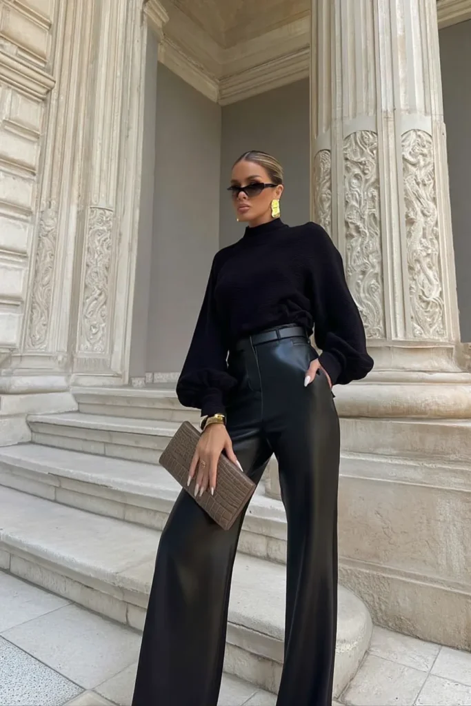 Fall outfits aesthetic, chic black outfit with black turtleneck sweater, and high-waisted leather trousers, with black sunglasses, gold earrings, and clutch for sophisticated autumn inspiration