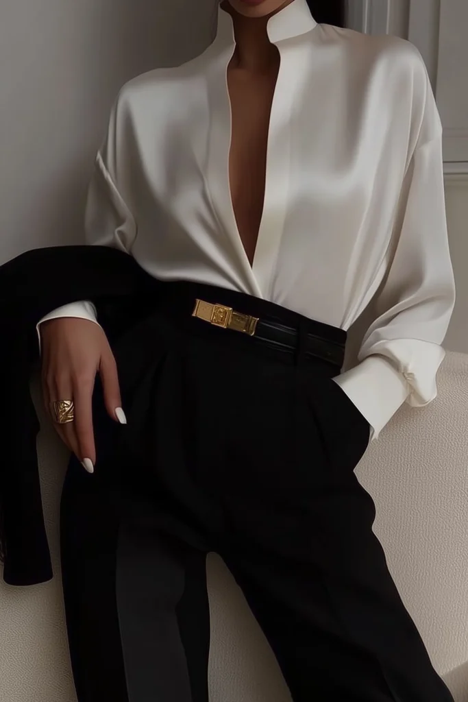 Fall outfits, elegant white silk shirt, styled with high-waisted black tailored trousers, black and gold leather belt and accessorized with statement gold ring for sophisticated autumn styling