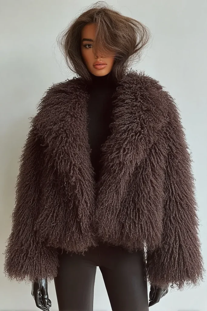 Glamorous winter outfits cold, oversized brown faux fur jacket with black turtleneck and leather pants, showcasing luxurious texture and warmth for freezing temperatures with outerwear styling