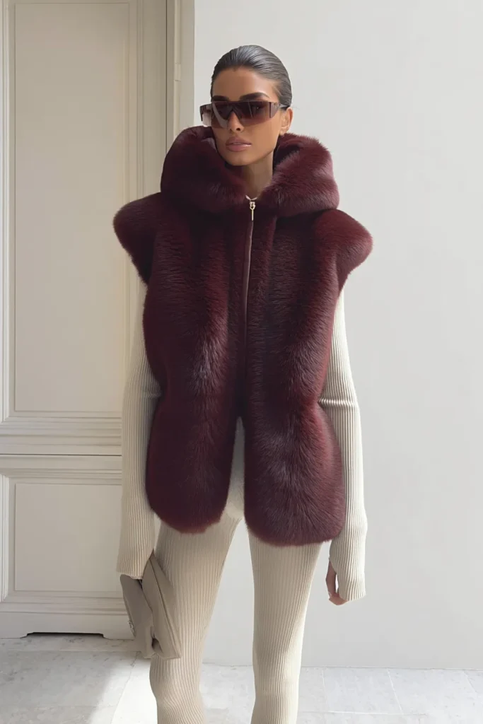 Luxe winter fashion outfits casual, burgundy faux fur vest with hood, with beige ribbed turtleneck and knit pants. Sunglasses add edge to this cozy monochromatic ensemble.