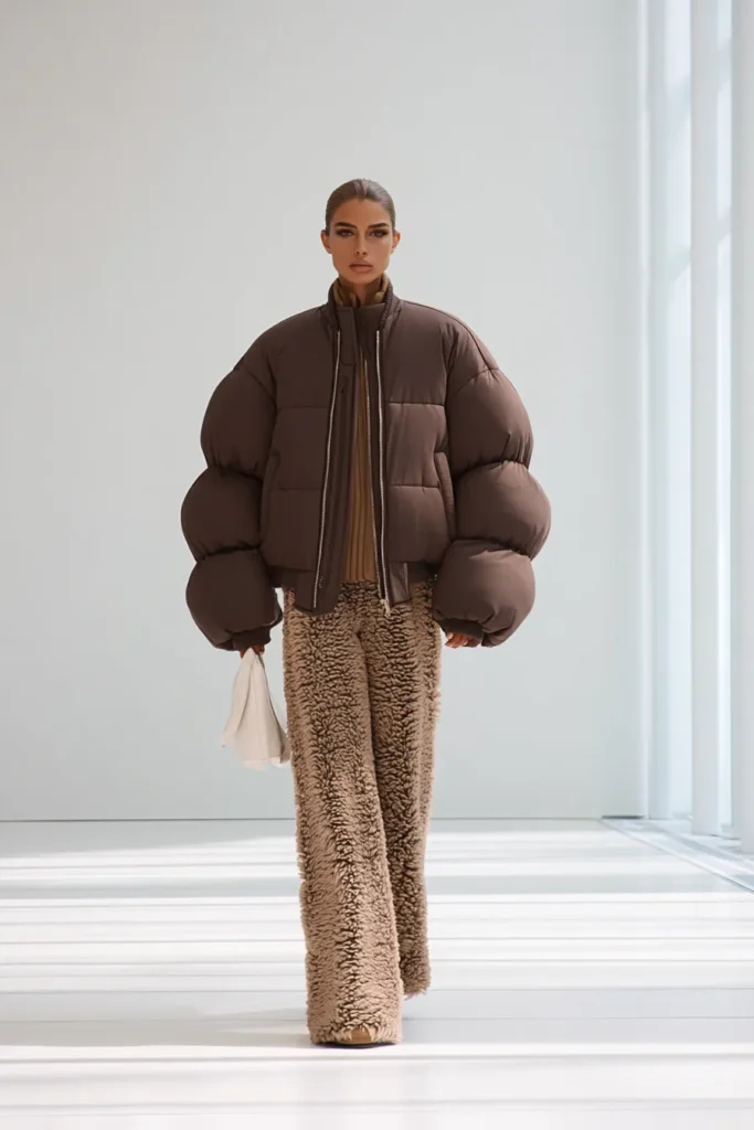 Luxe winter outfits cold, brown puffer coat styled with tonal turtleneck and tan shearling pants. Oversized sunglasses complete this ultra-warm monochromatic winter look.