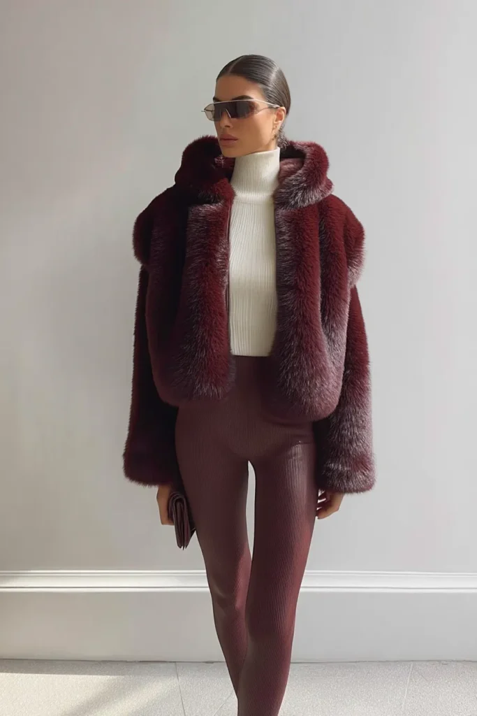 Luxurious warm winter outfits, burgundy faux fur jacket with cream ribbed turtleneck and wine-colored pants. Sunglasses complete this cozy monochromatic ensemble perfect for cold weather.