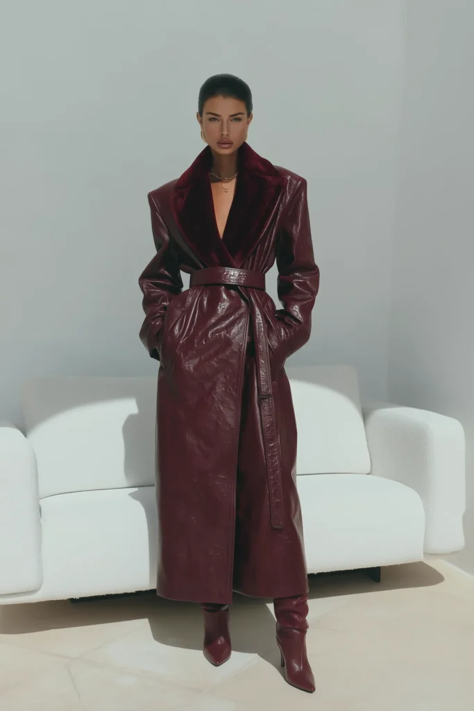 Luxurious winter coat outfits burgundy patent leather wrap coat with and tie-waist detail styled with burgundy boots. Delicate jewelry completes this sophisticated head-to-toe look.
