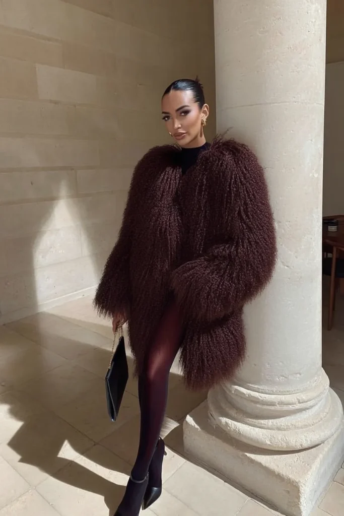 Luxurious winter fashion outfits, rich chocolate brown faux fur coat with black mini dress, opaque tights, and ankle boots, glamorous evening style and clutch for sophisticated cold weather dressing
