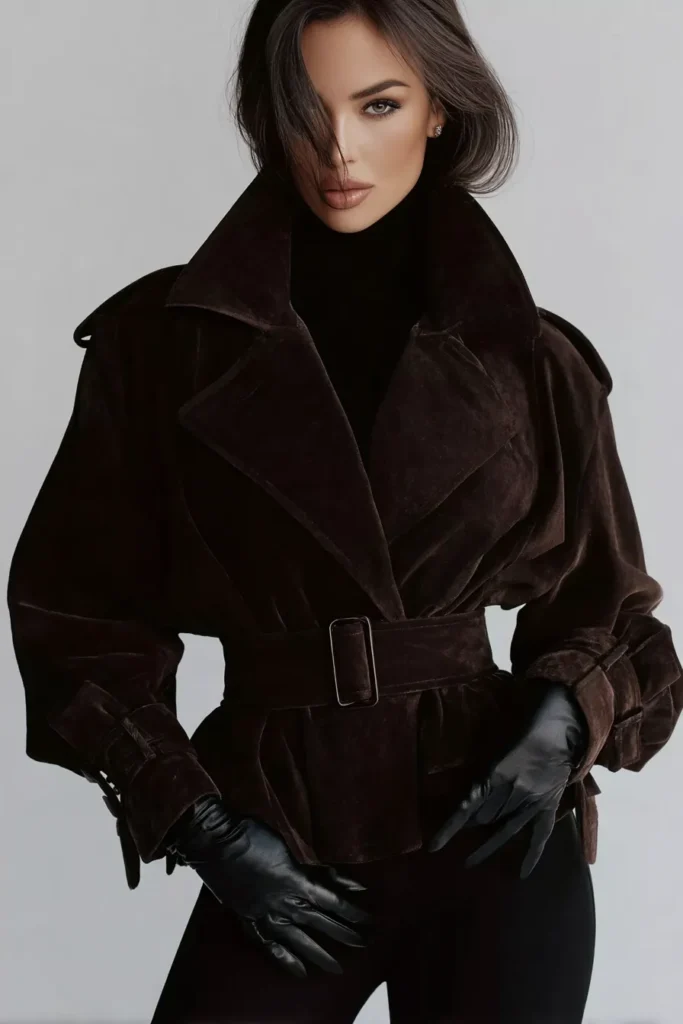 Luxurious winter outfits aesthetic, chocolate brown velvet coat and leather gloves for cold weather style, with black turtleneck and belted waist detail for elegant seasonal fashion