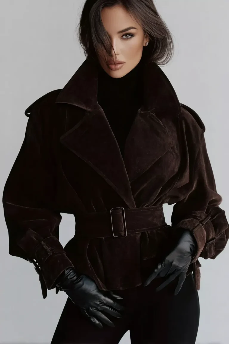 Luxurious winter outfits aesthetic, chocolate brown velvet coat and leather gloves for cold weather style, with black turtleneck and belted waist detail for elegant seasonal fashion