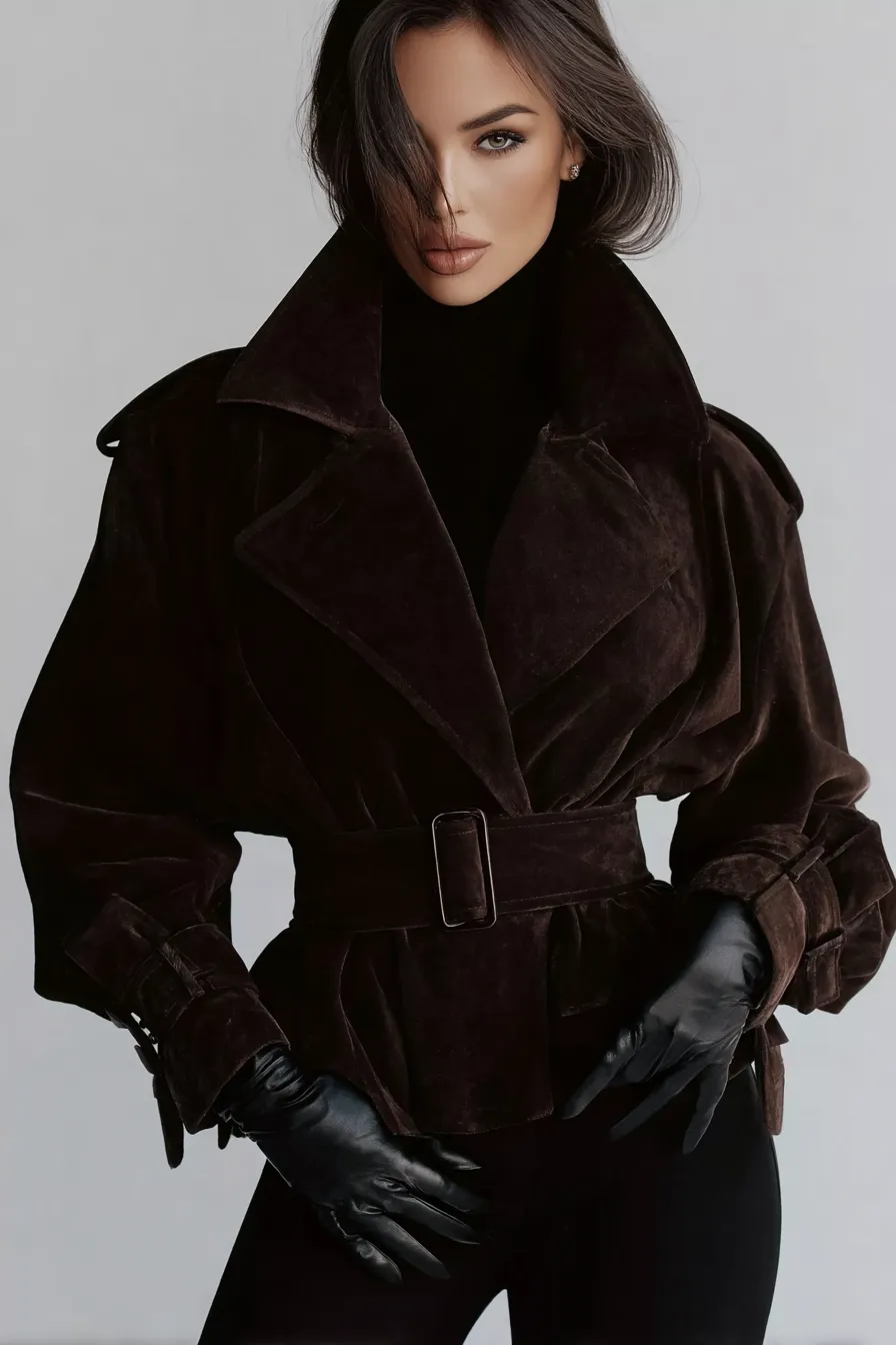 Luxurious winter outfits aesthetic, chocolate brown velvet coat and leather gloves for cold weather style, with black turtleneck and belted waist detail for elegant seasonal fashion
