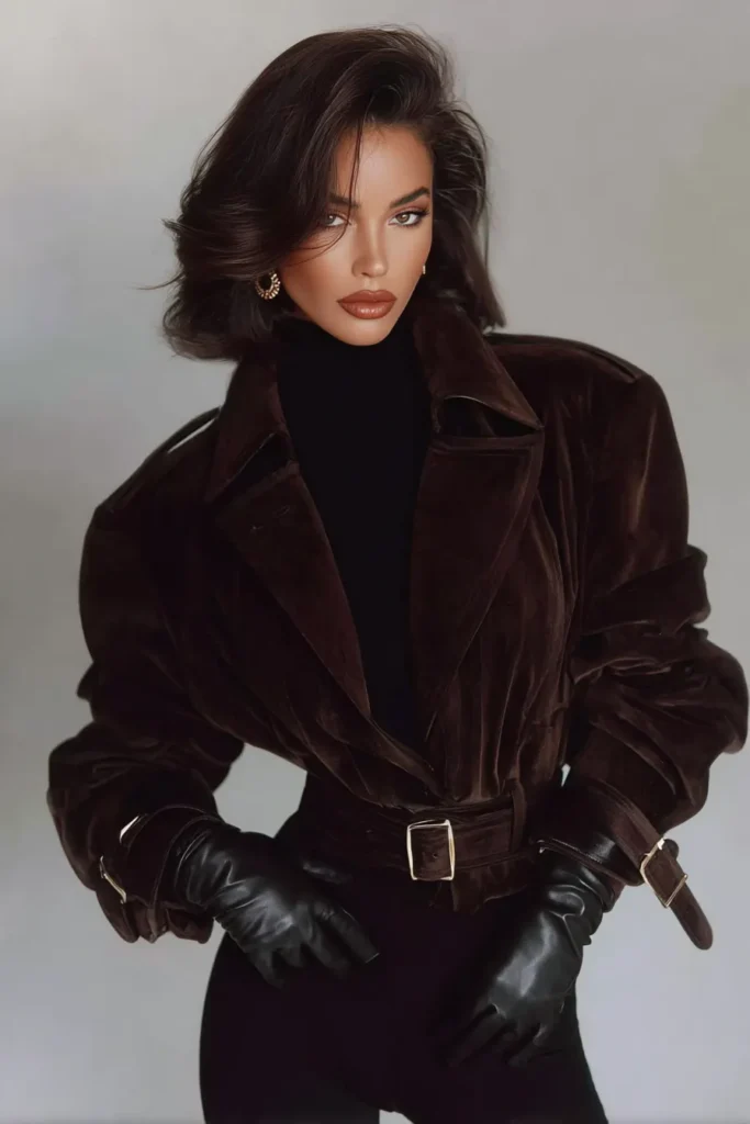 Minimalist winter outfits aesthetic, brown suede jacket, outerwear, black turtleneck base layer, and leather accessories for seasonal style, effortless elegance
