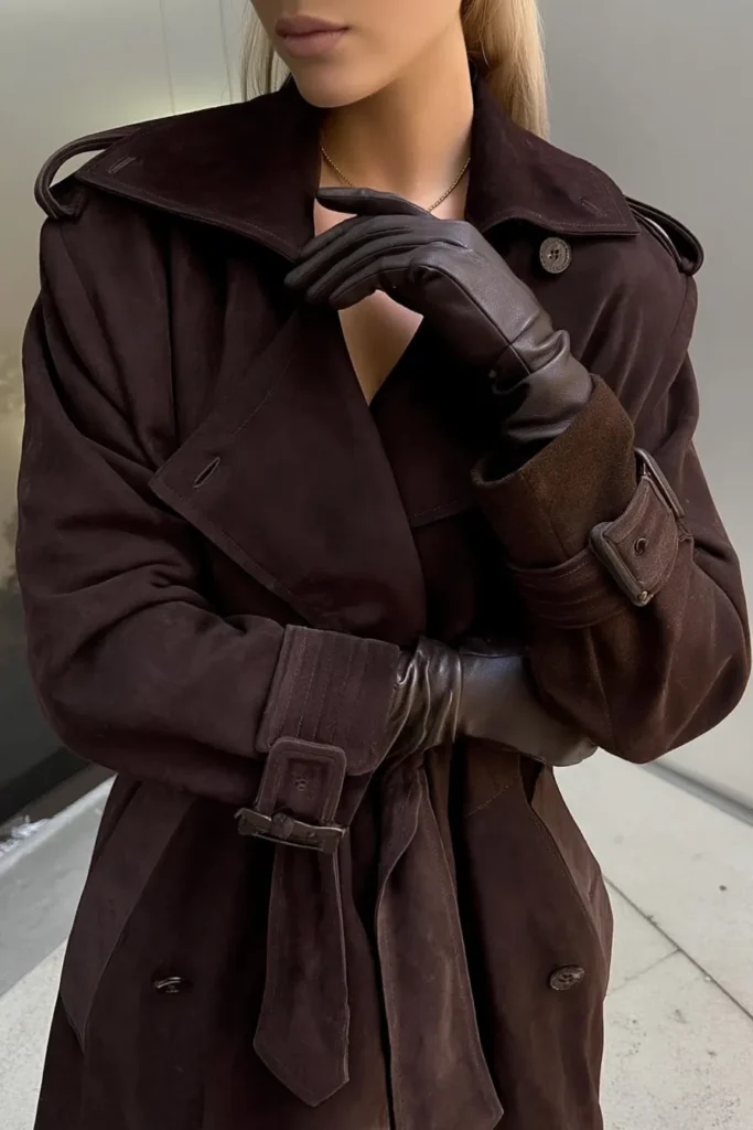 Modern winter outfits women, brown trench coat with tie belt and leather gloves and structured bag. Sophisticated monochrome outfit ideal for stylish cold season wear.