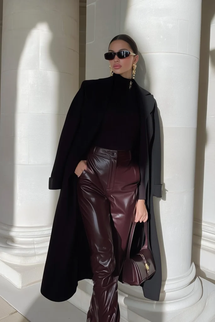 Old money outfits winter, black wool coat draped over turtleneck with burgundy leather trousers and handbag. Gold earrings and sunglasses complete this sophisticated ensemble.