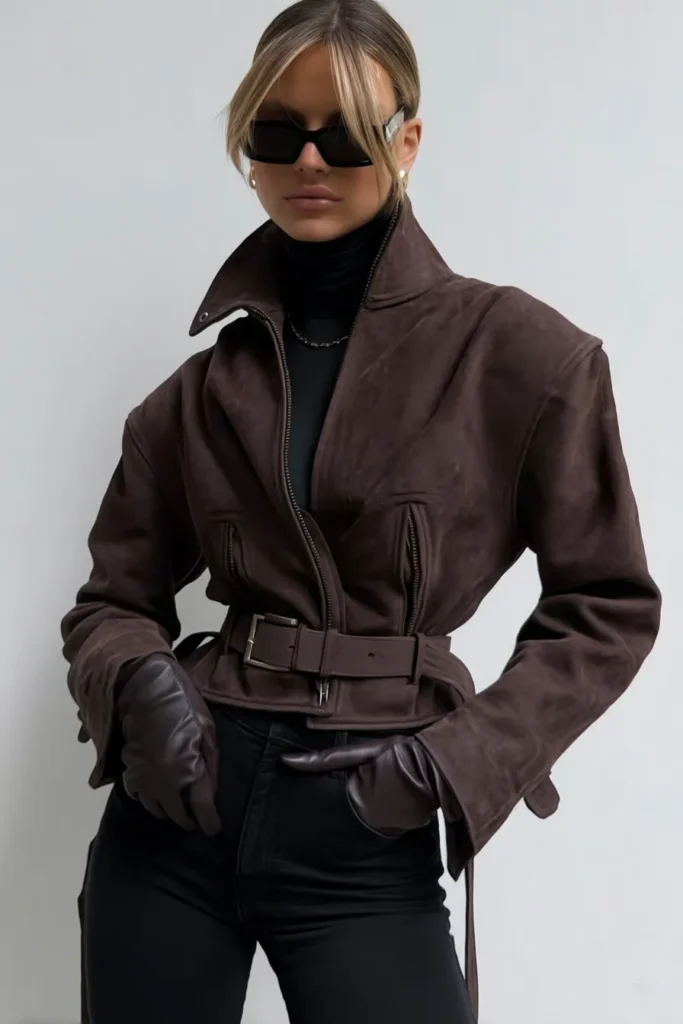 Sophisticated chic winter outfits brown cropped jacket with belt detail, all-black base layers and sunglasses. This luxe brown and black combination is effortless winter elegance.