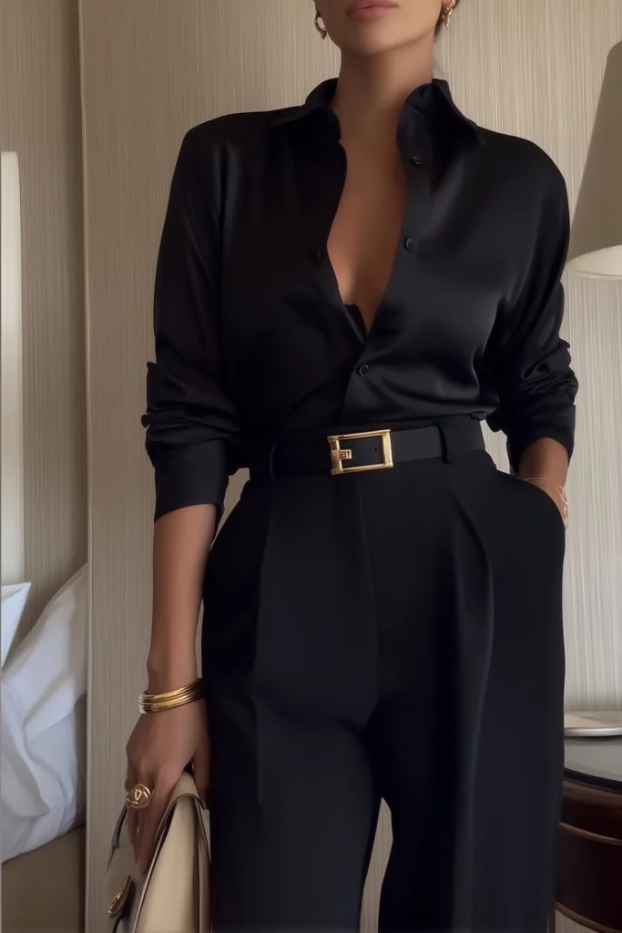 Sophisticated classy fall outfits, luxurious all-black outfit, silky satin shirt blouse, with  black leather belt and gold buckle, styled with tailored high-waisted trousers for upscale autumn fashion