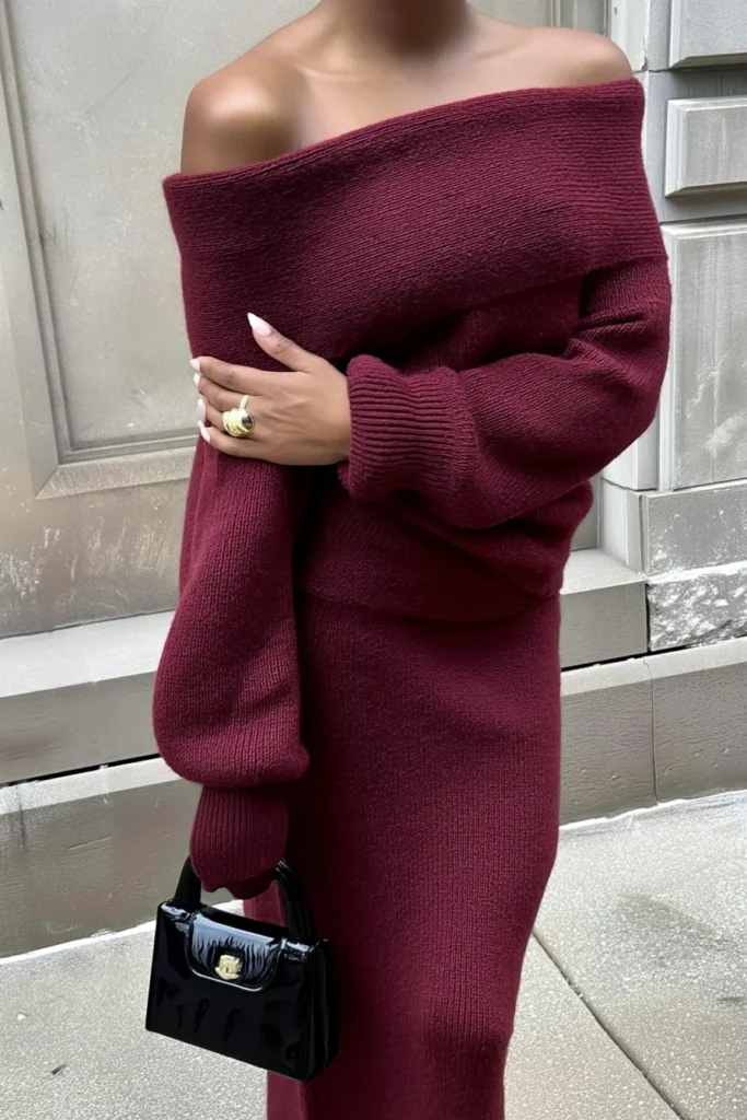 Sophisticated cozy winter outfits, burgundy off-shoulder knit dress with textured fabric and oversized fit, black bag, effortlessly stylish and fashion-forward during colder months