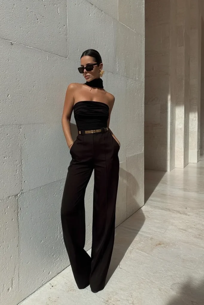 Sophisticated fall fashion outfits, with black strapless top styled with high-rise trousers, styled with cat-eye sunglasses, gold jewelry, and black bag
