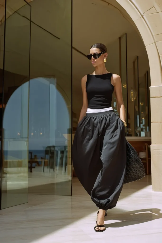 Sophisticated fall inspo outfits, with fitted sleeveless crop top with flowing black silk joggers, bold gold earrings, black handbag, and minimalist flip-flops for seasonal wardrobe