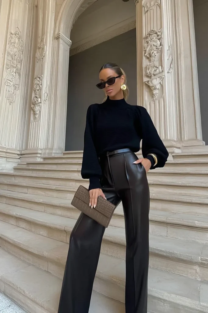 Sophisticated fall outfits aesthetic, black sweater styled with high-waisted faux leather trousers, black heels, sunglasses, and gold statement earrings for upscale autumn fashion inspiration