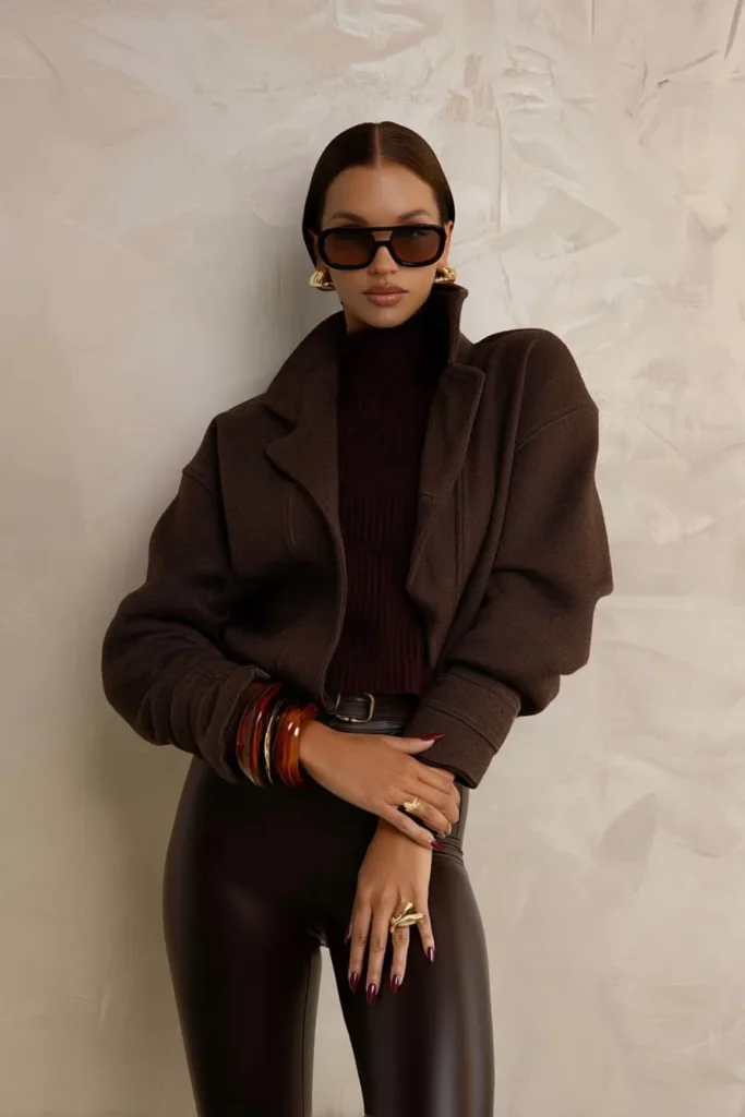 Sophisticated stylish winter outfits, brown coat with ribbed knitwear and chocolate leather trousers. Gold jewelry details and luxurious materials elevate this cold weather wardrobe.