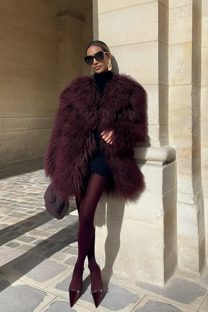 Sophisticated winter fashion outfits, elegant look with oversized burgundy fur coat over black sweater dress, styled with sunglasses, black evening bag, heeled shoes for upscale autumn fashion