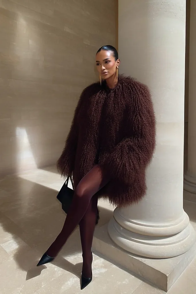 Sophisticated winter fashion outfits, espresso brown faux fur-style jacket, cozy oversized design styled with sleek black dress, dark tights, and heeled boots, high-fashion elegance