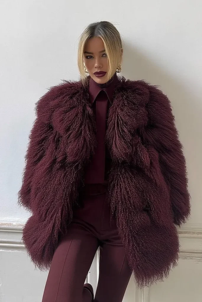 Sophisticated winter outfits cold with fur jacket worn over black turtleneck with tonal burgundy trousers, styled with gold jewelry and lip color for upscale weather fashion