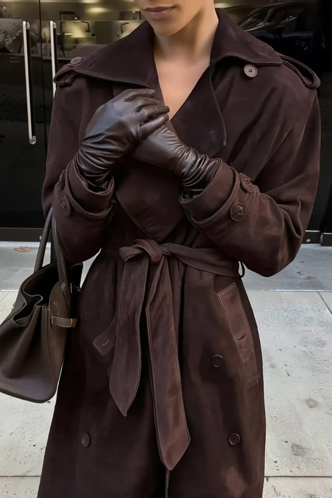 Sophisticated winter outfits women, rich chocolate brown trench coat with matching leather gloves and bag. Gold necklace elegant luxurious monochromatic cold weather outfit.