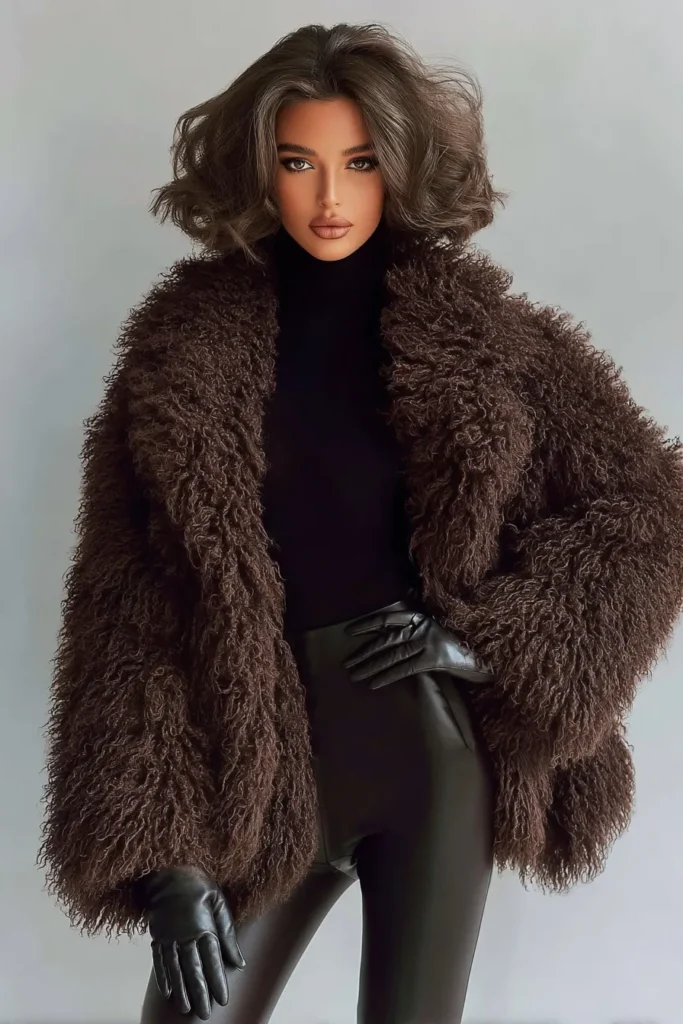 Statement winter outfits cold, brown faux fur teddy jacket, cozy oversized design, black essentials, creating a bold look perfect for winter weather with confidence and style