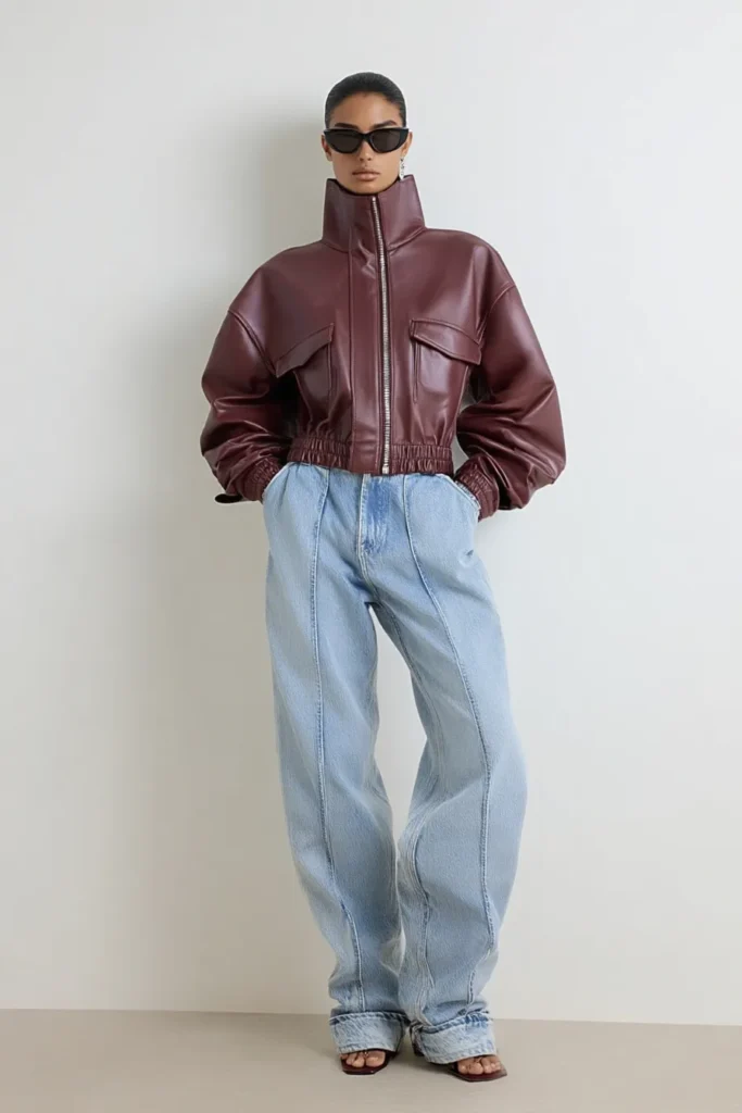 Stylish casual winter outfits, burgundy cropped jacket with belted waist styled over blue denim jeans. Black sunglasses complete this contemporary casual cold weather outfit.