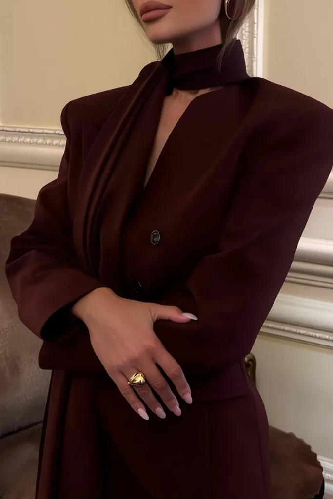 Stylish comfy winter outfits burgundy tailored jacket with padded shoulders styled over turtleneck and skirt with gold jewelry. This burgundy outfit is sophisticated seasonal style.