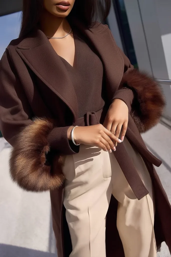 Stylish cute winter outfits chocolate brown belted coat with luxurious fur cuffs with matching ribbed knit top and cream trousers. Elegant finishing touches to this cold weather look.