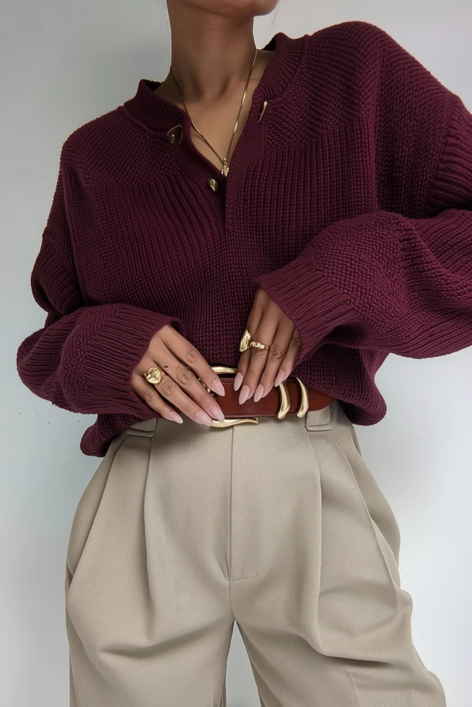 Stylish winter outfits women, burgundy oversized knit polo sweater with button detail styled with beige high-waisted trousers, casual-chic look ideal for cold weather layering and everyday comfort