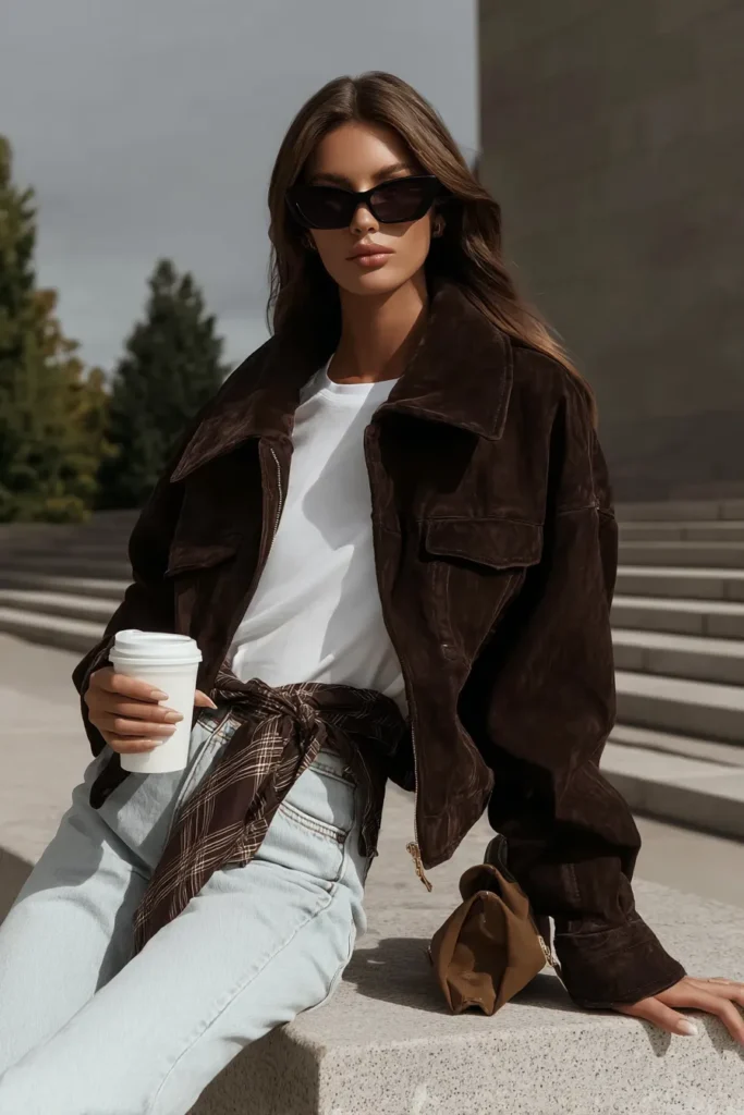 Trendy casual winter outfits, rich brown jacket, styled over crisp white t-shirt and pale blue jeans with brown suede boots, weekend wear for the colder season