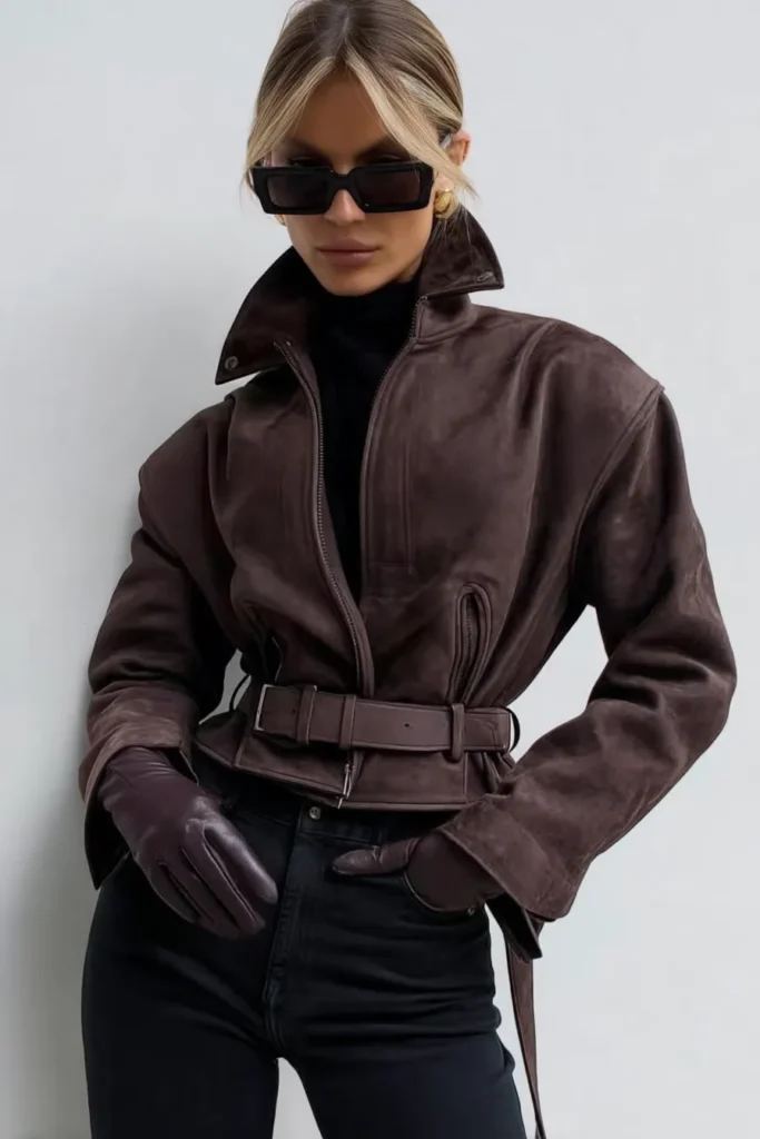 Trendy chic winter outfits brown suede bomber with oversized fit and cinched waist styled with sleek black turtleneck, denim, and leather gloves. Sunglasses add a edge to this cold weather outfit.