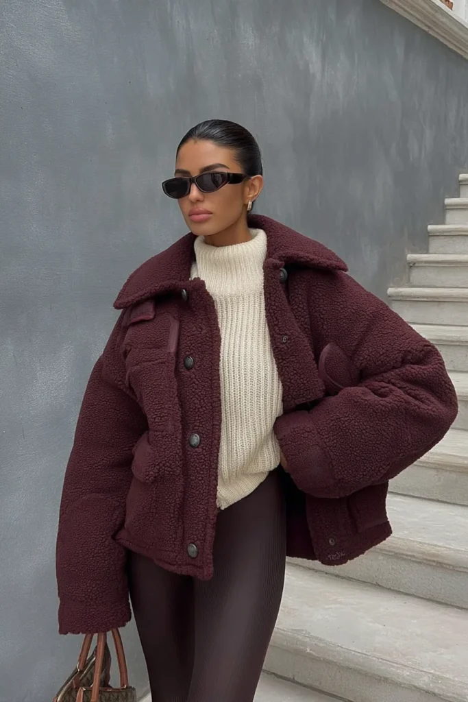 Trendy cute winter outfits, burgundy oversized teddy coat with cream sweater and matching pants. Brown accessories elevate this adorable cold weather aesthetic.