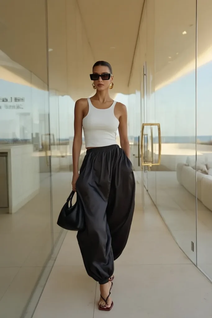 Trendy fall inspo outfits, casual look with white fitted crop tank styled with black silky jogger pants, and sunglasses, black leather handbag, and strappy heels for cold weather style